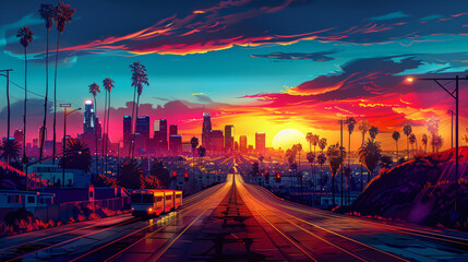 A painting of a city street with a sunset in the background - obrazy, fototapety, plakaty