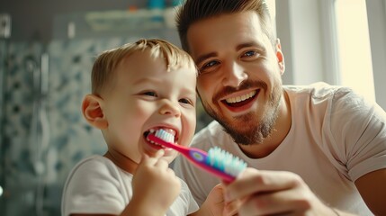 Hygiene, bathroom and father brushing teeth with child for oral health and wellness at home. Bonding, happy and young dad and boy kid with morning dental care routine together at house. - obrazy, fototapety, plakaty