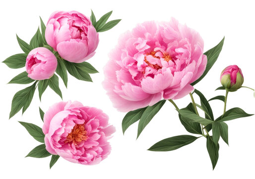 Set of pink peonies with lush green leaves, isolated on a transparent background