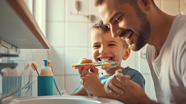 Hygiene, bathroom and father brushing teeth with child for oral health and wellness at home. Bonding, happy and young dad and boy kid with morning dental care routine together at house.