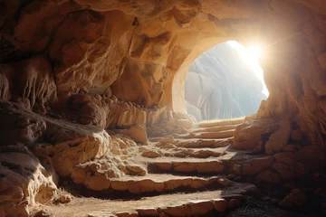 Zelfklevend Fotobehang Tomb cave has been left vacant as symbolic representation of Christ resurrection AI Generative © ungvar