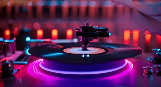 DJ Spinning, Mixing, and Scratching in a Night Club, Hands of dj tweak various track controls on dj's deck, strobe lights and fog, selective focus