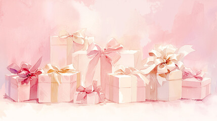 たくさんのエレガントなピンク色のプレゼントボックスの水彩イラスト