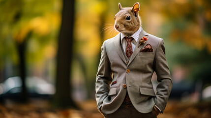 Visualize a suave squirrel in a tailored blazer, accessorized with a pocket square and a pair of sleek sunglasses. Against a backdrop of autumn foliage, it exudes woodland chic and urban sophisticatio