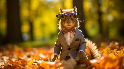 Visualize a suave squirrel in a tailored blazer, accessorized with a pocket square and a pair of sleek sunglasses. Against a backdrop of autumn foliage, it exudes woodland chic and urban sophisticatio