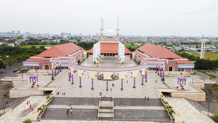 Aerial shoot of the Great Mosque of Central Java, one of the landmarks in Semarang City, Indonesia....