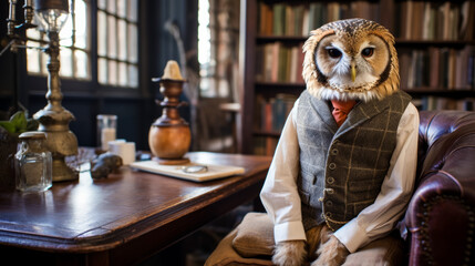 Envision a debonair owl in a tweed vest, paired with a bow tie and a leather satchel. Amidst a backdrop of library shelves, it exudes scholarly charm and intellectual refinement. The ambiance: studiou - obrazy, fototapety, plakaty