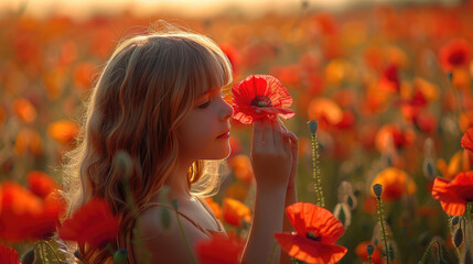 Naklejka premium Young girl holding a red poppy flower up to her face in a vibrant field of poppies