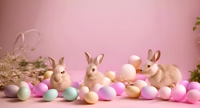 Easter party concept. video of easter bunny ears white pink blue and yellow eggs on isolated pastel blue background with copy space in the middle
