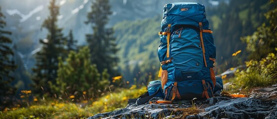 A traipsing rucksack resting upon the Alps' terrain across a clear day and space, Generative AI. - obrazy, fototapety, plakaty