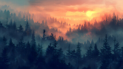 Vintage Misty Fir Forest Landscape, Misty landscape with fir forest in hipster vintage retro style,...