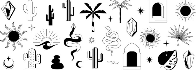 Boho logo cactus sun moon crystals palms window and desert symbols © Chathurika