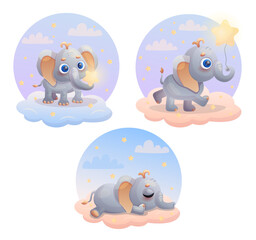 Sleeping elephant and adorable elephant with star. Vector illustration set.