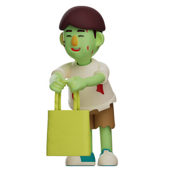   3D illustration. The Zombie 3D character has a yellow tote bag. body slightly bent. with a happy smiling expression. 3D Cartoon Character
