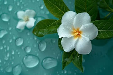White jasmine flower with leaves and water drops on blue background, top view