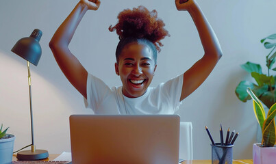 black american africa woman cheering in front of laptop