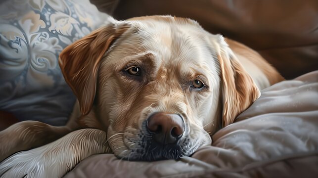 A paint illustration Labrador dog sleeping on the bed. Pet is family concept.