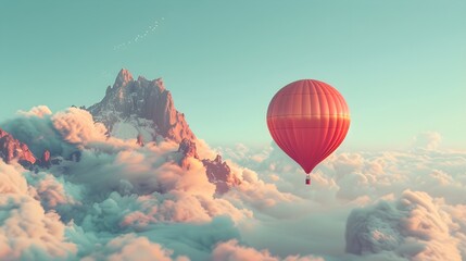 Colorful air balloon floats high in the sky over a scenic countryside, promising adventure and freedom in the clouds wallpaper. - obrazy, fototapety, plakaty