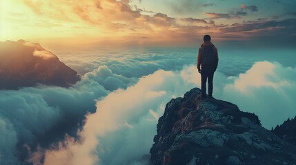 A man standing on a mountain peak, bathed in the golden hues of a setting sun, with a vast landscape stretching out below. - obrazy, fototapety, plakaty