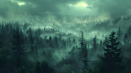 Vintage Misty Fir Forest Landscape, Misty landscape with fir forest in hipster vintage retro style, generative AI 