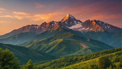 Poster Mountains during sunset, beautiful natural landscape during spring. © Viewvie