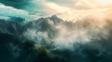 A Mountain Sunrise with Clouds in Sky landscape wallpaper. - obrazy, fototapety, plakaty