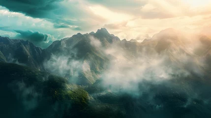 Tuinposter A Mountain Sunrise with Clouds in Sky landscape wallpaper. © Alice a.