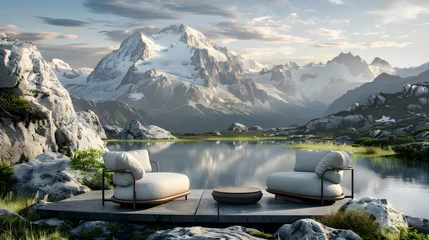 Foto op Aluminium Reflectie A turquoise lake reflecting snow-capped mountains and a glacier nestled landscape. Landscape for relaxation concept.