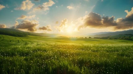 A golden sunlight bathes a rural field as the sun dips below the horizon natural landscape photography wallpaper.