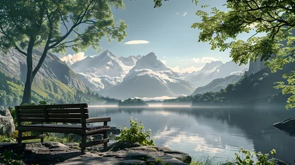 Papier Peint photo autocollant Réflexion A calm summer lake reflects snow-capped mountains against a backdrop of fluffy clouds with a bench natural landscape wallpaper.