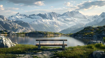 A calm summer lake reflects snow-capped mountains against a backdrop of fluffy clouds with a bench...