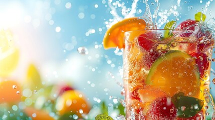 Close shot of a fruit glass with full of various fruits flying and inside of it with a summer sky outdoor backdrop, Generative AI.