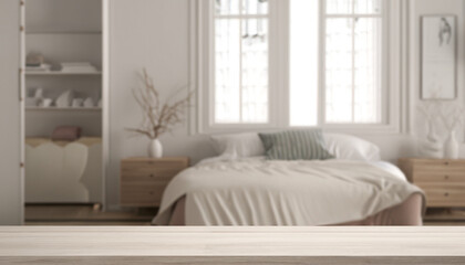 Wooden vintage table top or shelf closeup, zen mood, over blurred modern scandinavian bedroom, white architecture interior design