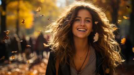 Happy Woman Walking in Park with Colorful Leaves Flying Around Her in Sunny Autumn Weather