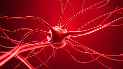 3D Neurons Electrical Pulse, Nerve Cell on Red Background. Exploring Brain Functionality. Synaptic Connections Representation.