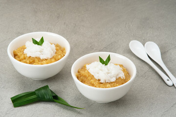 Bubur Merah Putih. Made from rice, brown sugar, coconut milk, pandan leaves. Indonesian food.
