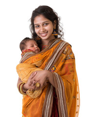Fototapeta premium Indian mother with her newborn baby transparent background