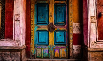 Antique Doors with Vivid Colors and Carved Details