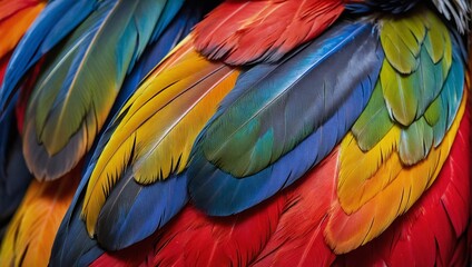 Obraz premium Beautiful Scarlet macaw feathers background, close up of colorful feathers.