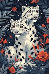 Illustrated Snow Leopards in Floral Background