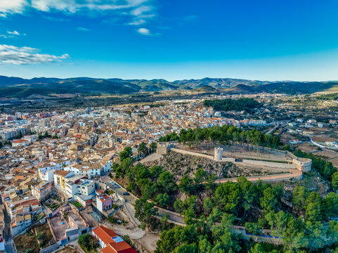 Aerial view of Segorbe castle, and city walls, medieval stronghold in Castellon province Spain