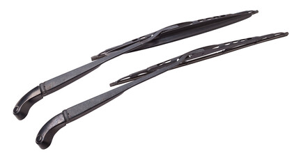 A pair of black plastic wipers on a white isolated background with rubber brushes for cleaning from...