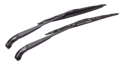 A pair of black plastic wipers on a white isolated background with rubber brushes for cleaning from dirt, dust or rain without hampering the driver's visibility. Spare part for the car at the parsing.