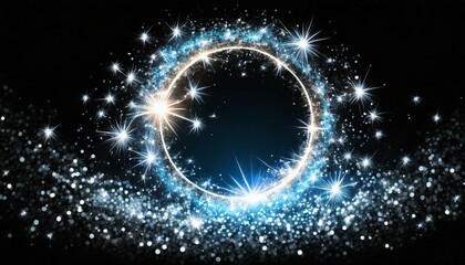 stars, magic stars glow Bwhite glitter circle of light shine sparkles and blue spark particles in circle frame on black stars glow, firework confetti of glittery ring shimmer, wallpaper , bright 