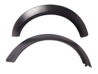 Black plastic fender flare on a white isolated background in a photo studio for sale or replacement...