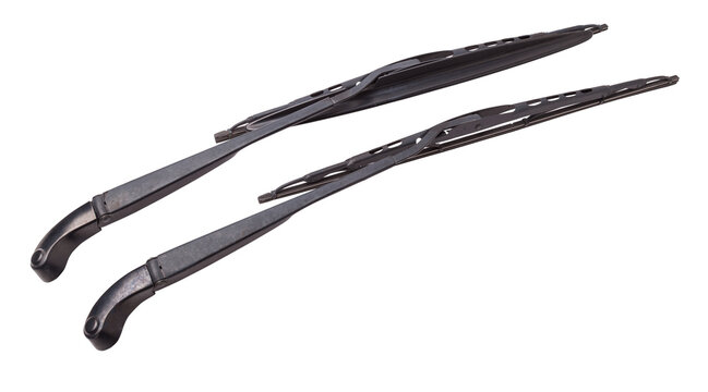 A pair of black plastic wipers on a white isolated background with rubber brushes for cleaning from dirt, dust or rain without hampering the driver's visibility. Spare part for the car at the parsing.