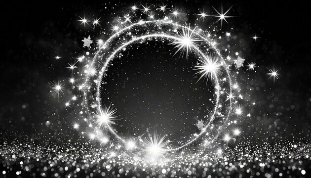 Stars, Magic Stars Glow Bwhite Glitter Circle Of Light Shine Sparkles And Silver Spark Particles In Circle Frame On Black Stars Glow, Firework Confetti Of Glittery Ring Shimmer, Wallpaper 