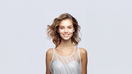 Fototapeta premium 3D-rendered portrait featuring a beautiful woman adorned in a fashion-forward white silk dress, exuding enchantment and grace. Generative AI.
