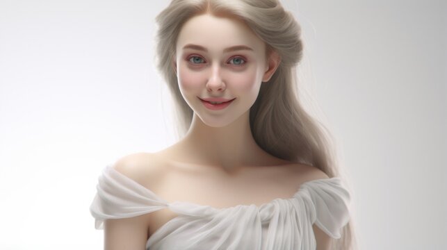 3D-rendered portrait featuring a beautiful woman adorned in a fashion-forward white silk dress, exuding enchantment and grace. Generative AI.