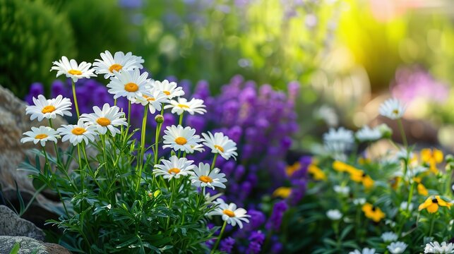 a bunch of daisies are growing in a garden with purple flowers in the background